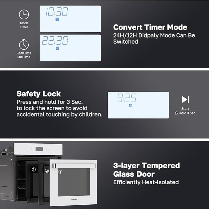 24" Single Wall Oven, ThermoMate 2.6 Cu.Ft. Electric Wall Oven with 12 Functions, White Built-in Convection Ovens, Sensor Touch Control, Safety Lock, ETL Certified, 3100W