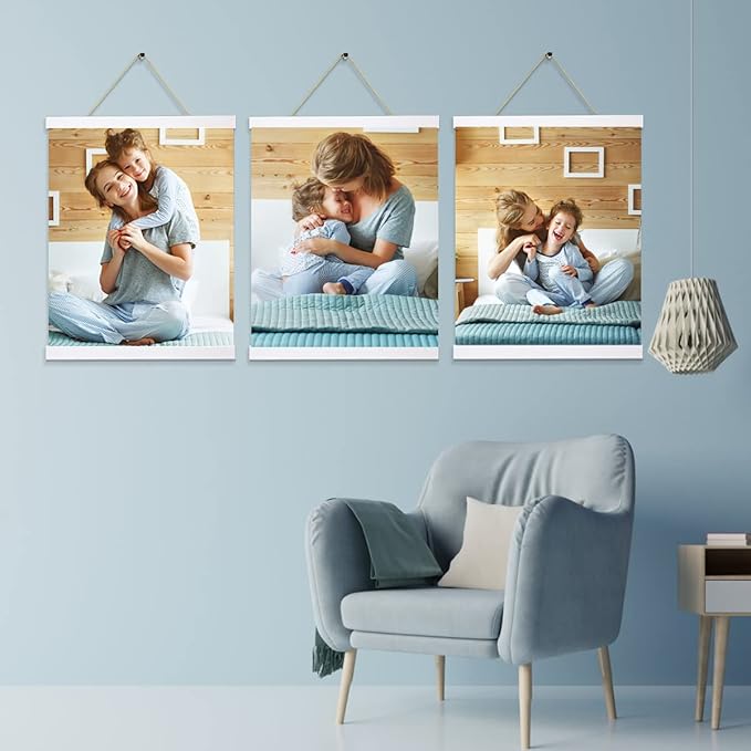 3 Pack Magnetic Poster Hanger Frame White, 8x10 8x12 8x16 Poster Frame Wood Wooden Magnet Print Posters Dowel Scroll Hanger Hangers Hanging Kit for Walls Map Canvas Artwork
