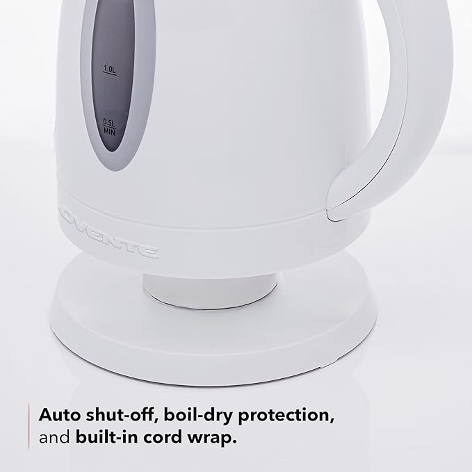 OVENTE Electric Kettle, 1.7L Fast Boiling Water Heater for Coffee or Tea, BPA Free with Water Level Gauge, Auto Shut-Off, Boil-Dry Protection, Indicator Light and Removable Filter, White KP72W