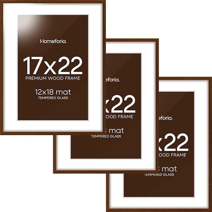 Homeforia 17x22 Picture Frame Brown, High End Dark Oak 17x22 Poster Wood Frame with Mat 12x18 for Photo, 17 x 22 Wooden Walnut Frame Matted to 12 x 18, 22x17 Frames, Tempered Glass, Wall Kit, Set of 3