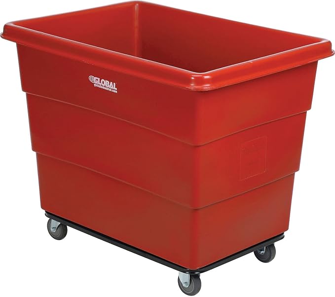 Global Industrial 16 Bushel Plastic Bulk Box Truck, Steel Chassis Base, 1000 lbs. Capacity, 4" Non-Maring Rubber Casters, Red, 42-3/5"L x 30" W x 35-3/5"H