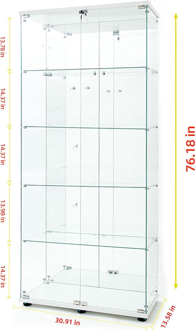 Yoluckea 5 Tiers Glass Display Cabinet with Bluetooth LED Light Strip, 2 Doors Floor Standing Curio Cabinet with Universal Wheel and Mirror Back Panel, White Glass Bookshelf for Collections, Wood Top