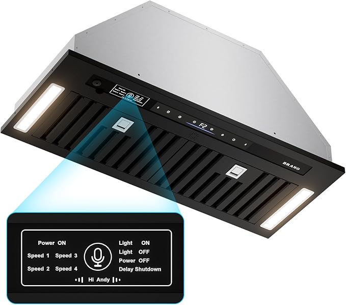 BRANO Range Hood Insert 30 Inch, 900 CFM Voice/Gesture/Touch Control Build-in Kitchen Hood Vent with 4 Speed Exhaust Fan, Memory Mode, Adjustable Lights, Ducted/Ductless Convertible