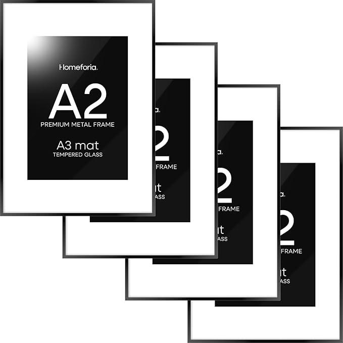 Homeoforia A2 Picture Frame Black, High End Metal 16.5 x 23.5 inch Poster Frames with Mat 11.7 x 16.5 for Photo, A2 Size Frame Matted to A3 Print, 16.5 by 23.4 Hanging Frames, Tempered Glass, Set of 4
