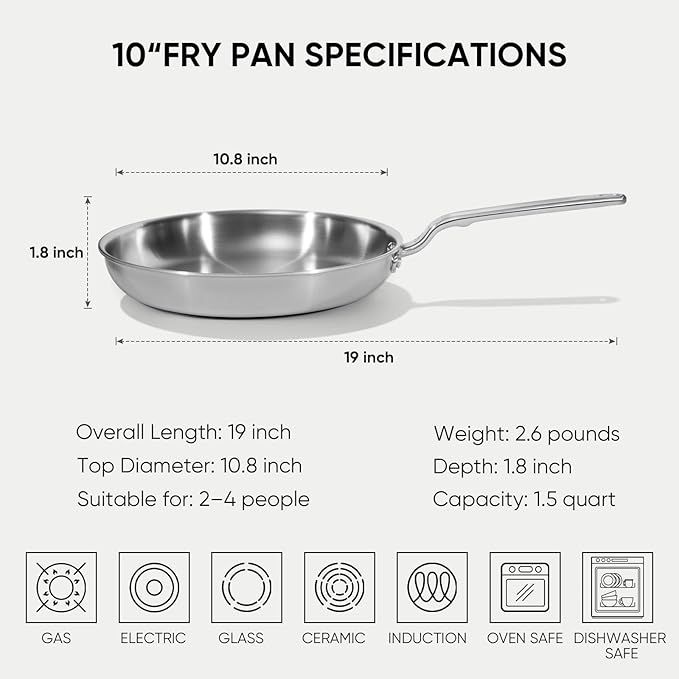 10 Inch Stainless Steel Frying Pan - 5 Ply Stainless Clad Skillet with Aluminum Core, Durable and Even Heating, Professional Cookware for Induction, All Stoves, Oven and Dishwasher Safe