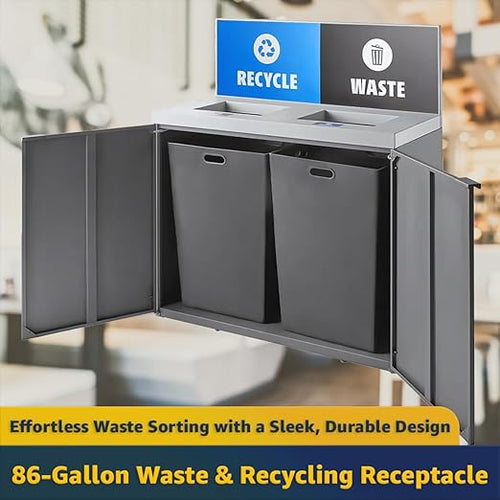 (86-Gallon) Dual Waste Recycling Station with Panel, Dark Gray Restaurant Trash Can Cabinet