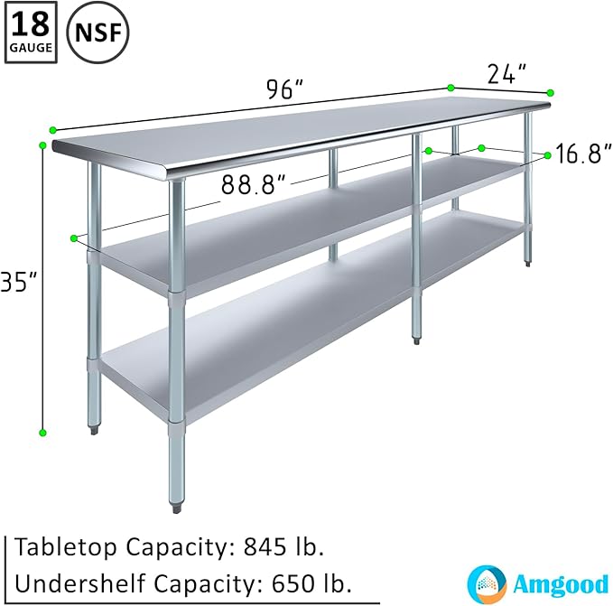 AmGood Stainless Steel Work Table with 2 Shelves | NSF | Metal Utility Table (96" Long x 24" Deep)