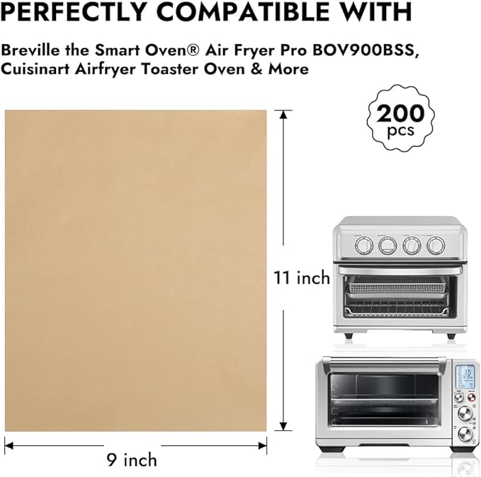 BYKITCHEN 200PCS 11 x 9in Air Fryer Parchment Paper Sheet Liners Compatible with Breville Smart Oven Air Fryer Pro BOV900BSS/ Cuisinart Airfryer Toaster Oven, Airfryer Toaster Oven Combo Accessories