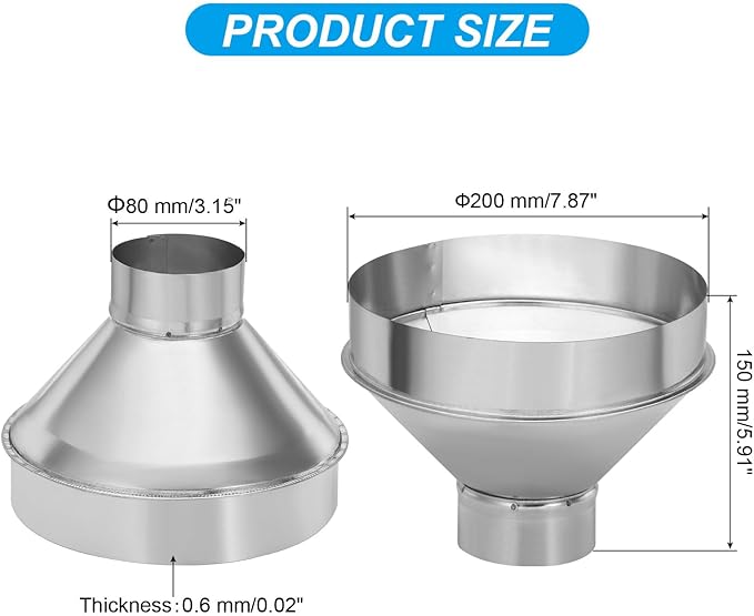 PATIKIL 8 Inch to 3 Inch Round Duct Reducer Increaser Connector, Galvanized Steel Air Duct Adapter Pipe Fitting for Bathroom Kitchen Inline Ventilation Systems, Silver Tone