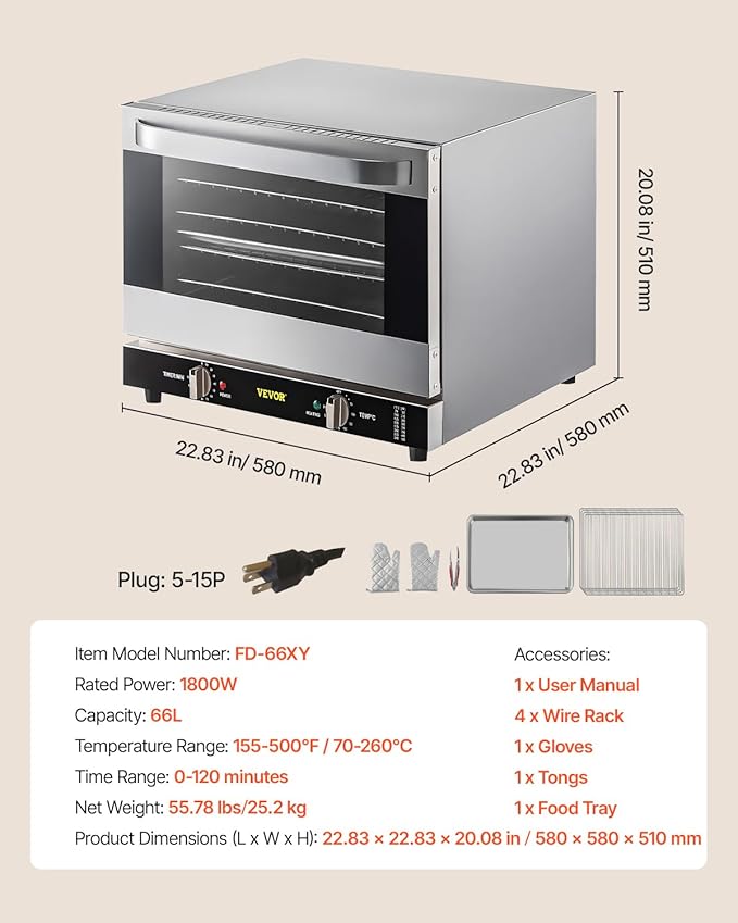 VEVOR Commercial Convection Oven, 66L/60Qt, Half-Size Conventional Oven Countertop, 1800W 4-Tier Toaster w/Front Glass Door, w/Trays Wire Racks Clip Gloves, 120V