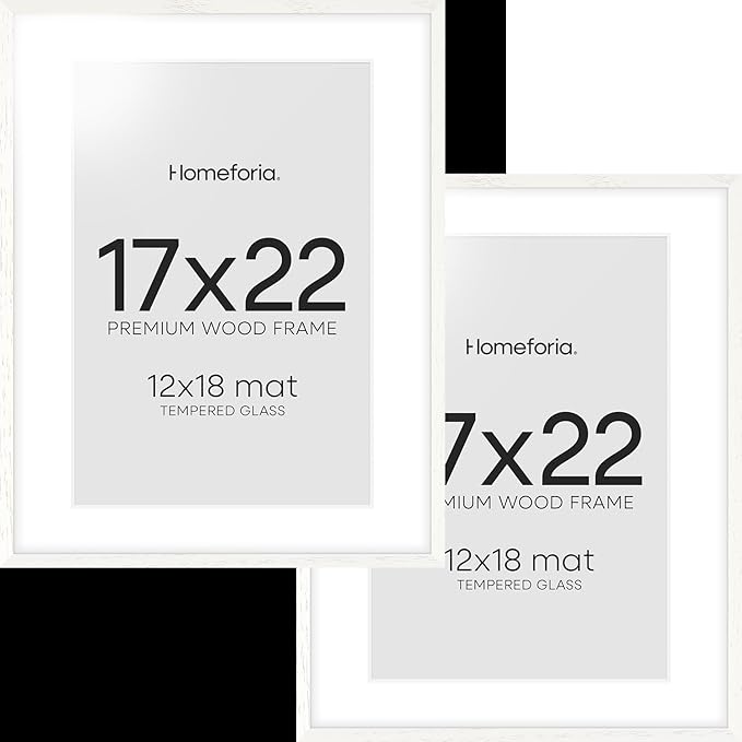 Homeforia 17x22 White Picture Frame, High End Oak 17x22 White Wooden Poster Frames with Mat 12x18 for Print, 17 x 22 Wood Frame Matted to 12 x 18 Photo, 22x17 Frame, Tempered Glass, Wall Kit, Set of 2