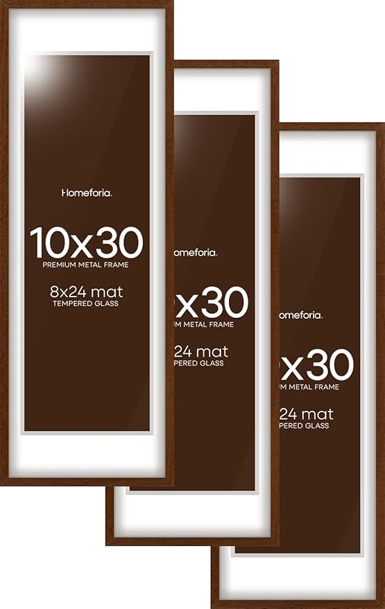 Homeforia 10x30 Picture Frame Brown, High End Dark Oak 10x30 Walnut Wood Poster Frame with Mat 8x24 Print, 10 x 30 Wooden Frame Matted to 8 x 24 Photo, 30x10 Frames, Tempered Glass, Wall Kit, Set of 3