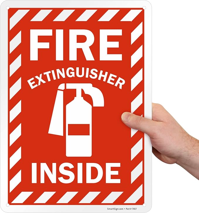 SmartSign 14 x 10 inch “Fire Extinguisher Inside” Metal Sign with Pre-cleared Holes, 40 mil Laminated Rustproof Aluminum, Red and white, Made in USA