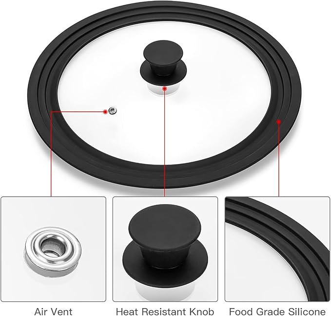 Universal Lid for Pots, Pans and Skillets, Tempered Glass Lid fit 6.5", 7", 8" Skillets, Pots, Frying Pans, Cast Iron, Crock Pot and Other Glass Covers Replacement