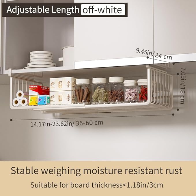 Extendable Under Shelf Storage Basket, Hanging Baskets Under Cabinet Shelf Organizer, for Cabinet Pantry Kitchen Cupboard Desk Counter Bookshelf Space Saver Heavy Duty Slide-in (Black, 2 Pack)