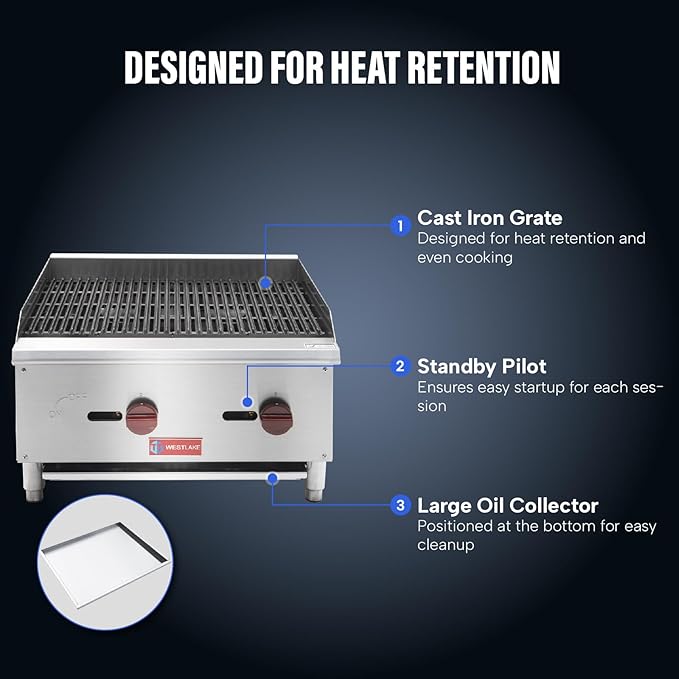 WESTLAKE 24"W Commercial Charbroiler Gas Countertop 2 Burner Natural Gas and Propane 60,000 BTU Char Broiler Stainless Steel BBQ Stove Grill for Restaurants