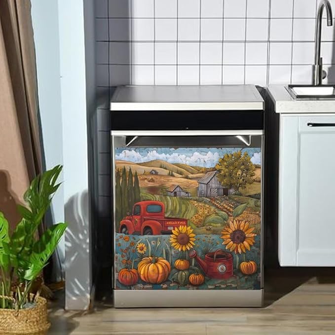 Farm Sunflower Pumpkin Dishwasher Magnet Cover,23" x 26" Dishwasher Cover,Retro Countryside Autumn Landscape Magnetic Decal Vinyl Sticker Kitchen Decor Refrigerator Magnets Self Adhesive Wrap