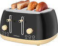 Toaster 4 Slice,Retro Stainless Steel Toaster with Extra Wide Slots, Dual Independent Control Panel, Cancel, Bagel, Defrost Function, Removable Crumb Tray, Matt Black