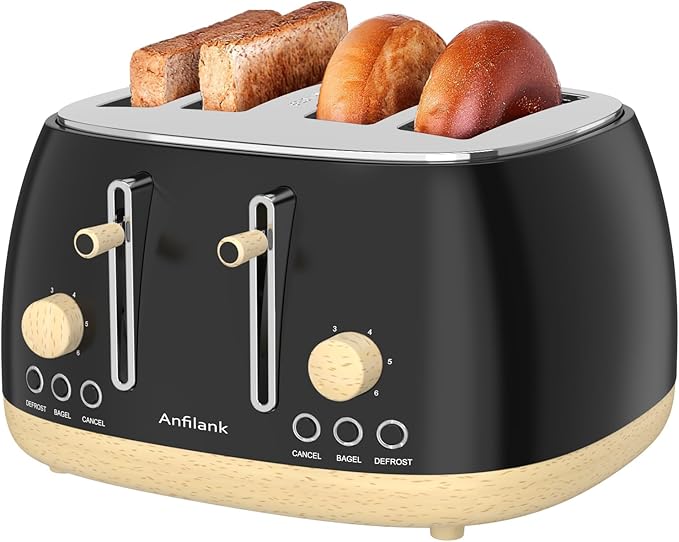 Toaster 4 Slice,Retro Stainless Steel Toaster with Extra Wide Slots, Dual Independent Control Panel, Cancel, Bagel, Defrost Function, Removable Crumb Tray, Matt Black