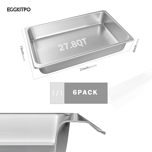 EGGKITPO Stainless Steel Pan 6-Pack 6 Inch Deep Full Size Pans Catering Storage Metal Food Pan Commercial Steamer pan Food Catering Trays for Hotel Steam Table Tray for Food Warmer