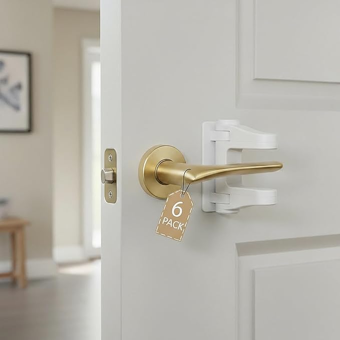 6-Pack Door Handle Baby Proof – Child Proof Door Lever Lock & Door Locks for Kids Safety, Stop Toddlers & Pets from Opening Doors – Easy One-Hand Use, No-Drill Adhesive – Fit Bath/Kitchen/Bedroom