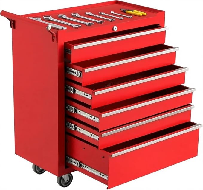 IDEALHOUSE Rolling Tool Chest, 6 Drawers Tool Storage Cabinet, Toolbox with Wheels, Portable Tool Cabinet Organizer with Locking System & Drawer Liners, Tool Storage Cart for Garage, Workshop, Red