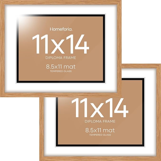 Homeforia 11x14 Diploma Frame Wood, High End Natural Oak 11 x 14 Certificate Frames with Mat 8.5x11, 11 by 14 Wooden Document Matted Frame, Award Graduation Frames, Tempered Glass, Wall Kit, Set of 2