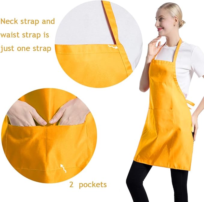 Total 15 PCS Plain Yellow Color Bib Aprons Bulk for Women Men Adult -Unisex Aprons with 2 Front Pockets (Yellow-15PCS)