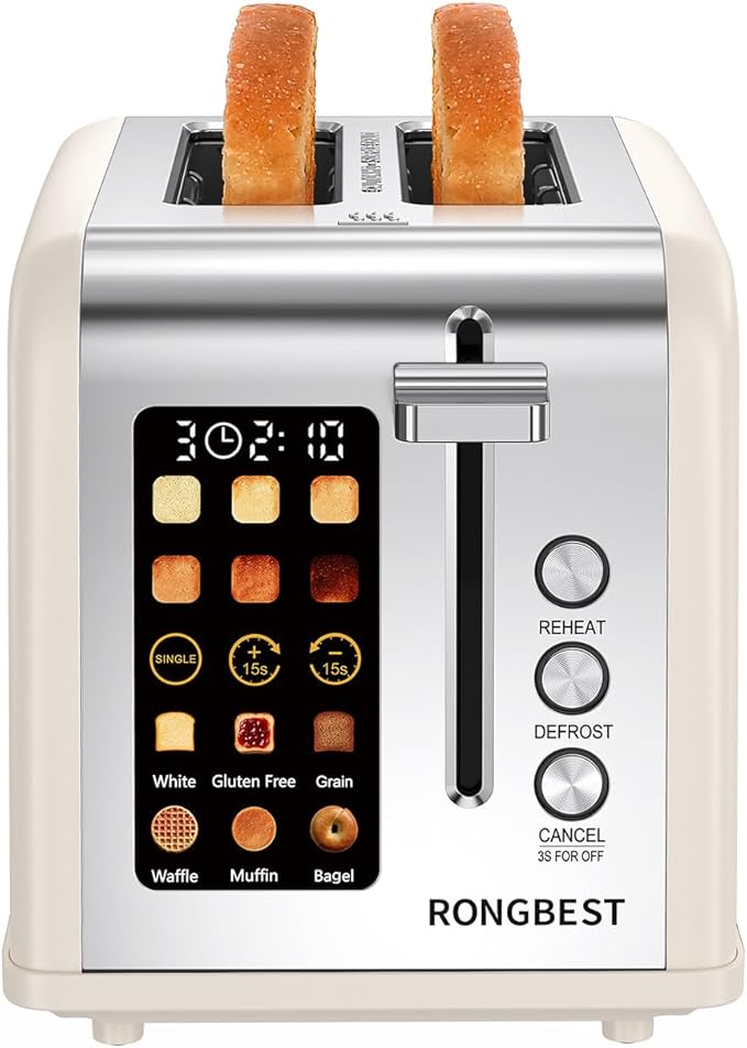 2 Slice Easy Touch Screen Toaster, Stainless Steel Toaster with Wide Slots, Even Toasting for Bagels & Bread, Reheat & Defrost, Removable Crumb Tray, Cream Color