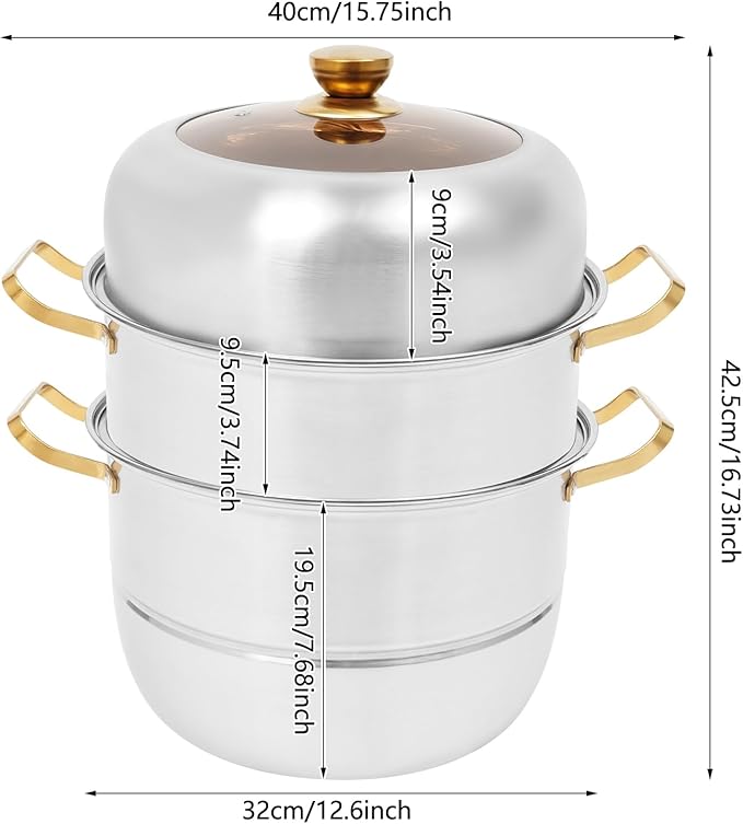 Steamer 32cm/12.6in, 3-tier Stainless Steel Steam Cooker w/Visual Lid & Golden Handles, Home Round Stackable Multipurpose Steam Pot for All Stoves (1xBottom Pot, 1xSteaming Basket, 2xSteaming Slices)