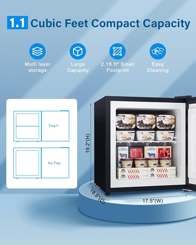 1.1 Cu.ft Mini Freezer - Compact Upright Freezer with 7 Adjustable Thermostat, Removable Shelf, Reversible Single Door, 360°Uniform Cooling Small freezer for Home Office Apartment Dorm, Black