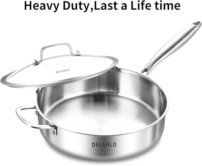 DELARLO Tri-Ply Stainless Steel 7QT Jumbo Cooker Saute Pan With Lid, 12.5 Inch Deep Frying Pan, Induction Large Skillet, Cooker Pan for Chefs, Dishwasher & Oven Safe
