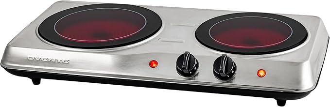 OVENTE Countertop Infrared Double Burner, 1700W Electric Hot Plate and Portable Stove with 7.75" and 6.75" Ceramic Glass Cooktop, 5 Level Temperature Setting and Easy to Clean Base, Silver BGI102S