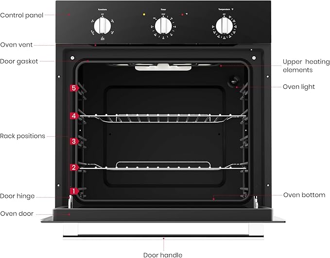 24 Inch Electric Wall Oven, GASLAND Built-in Oven with 2.79 Cu.ft Capacity, 5 Working Functions, Ergonomic knob, Removavle Triple-Layer Glass Door, 2200W Black Single Wall Oven, ETL Certified