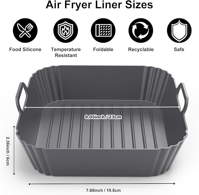 9-Inch Square Silicone Liners for Large Air Fryer 2Pack, Silicone Pot Baking Accessories for Chefman 6 to 8.5QT, Reusable Air Fryer Tray Insert for Oven Microwave Accessories