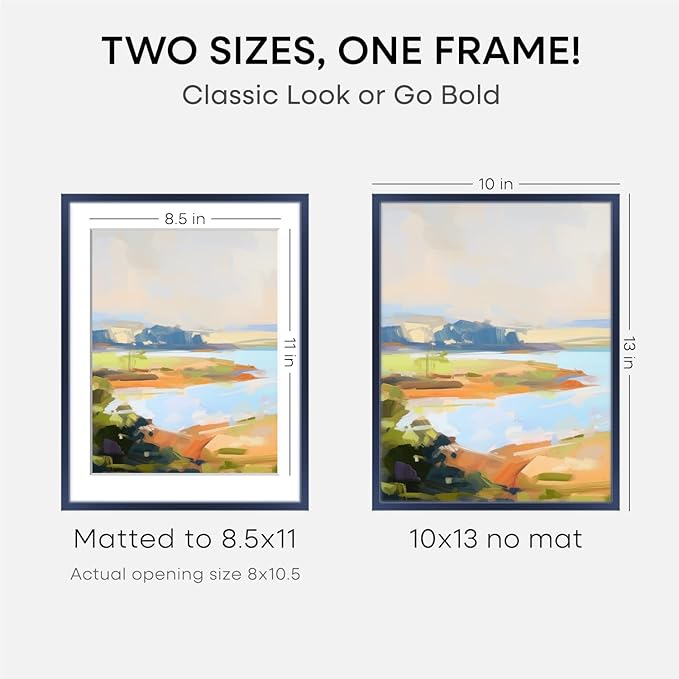 Homeforia 10x13 Picture Frame Navy Blue, High End Metal 10x13 Wall Hanging Frame with Mat 8.5x11, 10 x 13 Poster Frames Matted to 8.5 x 11 inch Photo, 10by13 Frames, Tempered Glass, Wall Kit, Set of 2