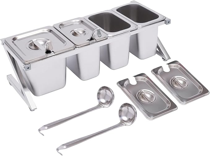 Pizza Topping Station with 4 Pans& Lids, Stainless Steel Food Container Pans Condiment Dispenser Countertop Spice Rack Organizer Shelf Holder for Seasoning Sauce Salad Jam Fruits Ingredients
