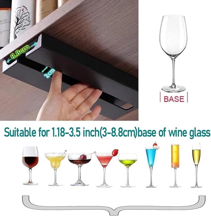Wine Glass Holder Under Shelf Cabinet Wine Glass Rack Plastic Stemware Rack Glassware Drying Storage Hanger for Kitchen,Bar and Restaurant (Black-2Pack)