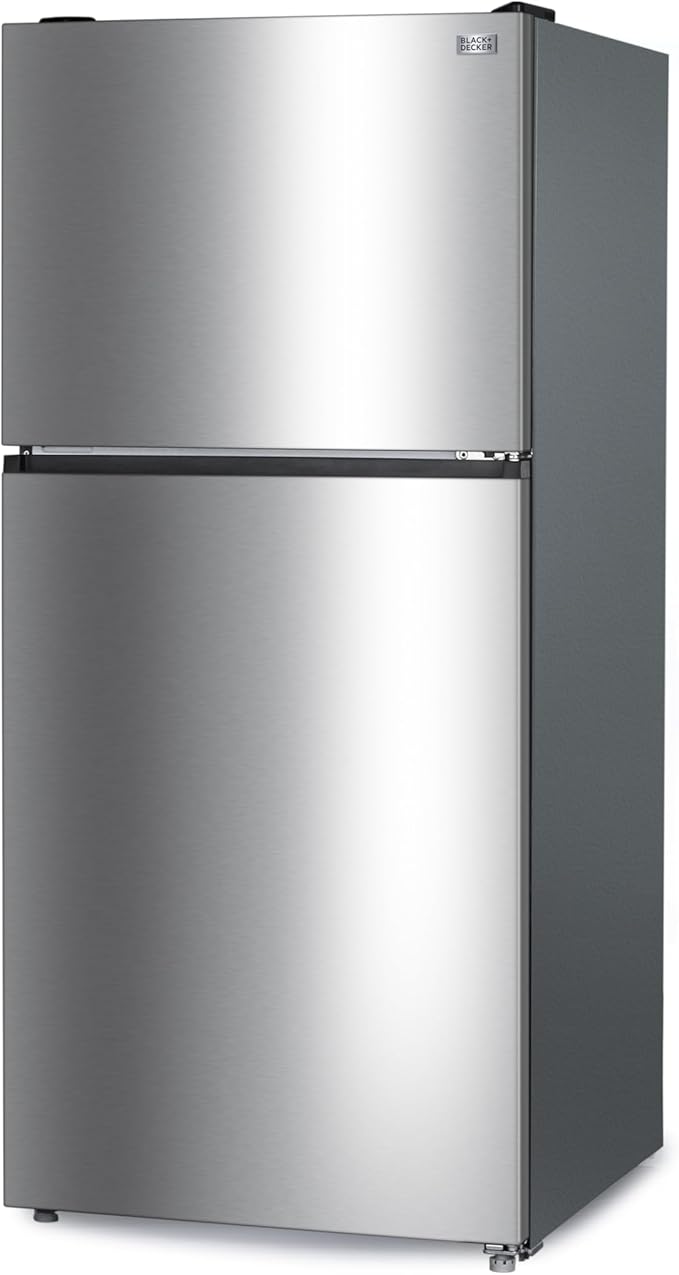 BLACK+DECKER 20.1 Cu. Ft. Top Mount Refrigerator with Freezer, 2 Door Fridge with Top Freezer and Adjustable Temperature Control, Full Size Kitchen Refrigerator, ENERGY STAR, BR2010JS, Stainless Look