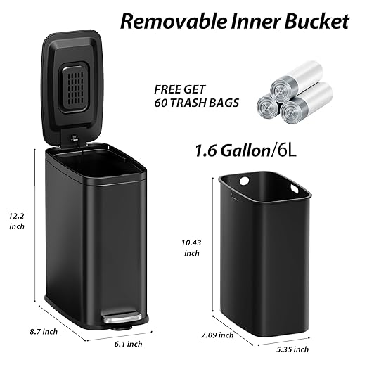 1.6 Gallon Bathroom Trash Can with Lid Step Pedal, Soft Close, Small Black Stainless Steel Garbage Can with Removable Inner Bucket, Slim Fit for Narrow Spaces Bedroom Office