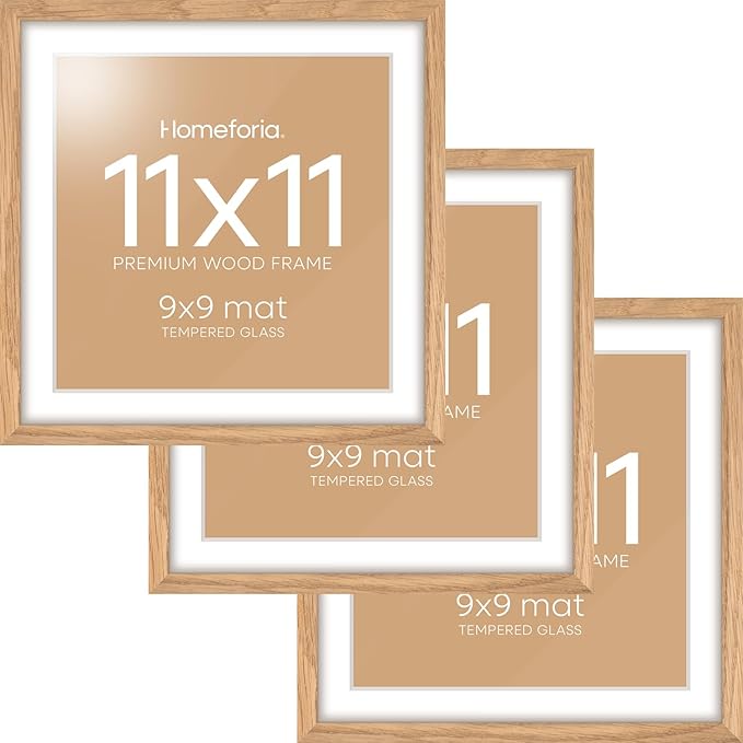 Homeforia 11x11 Picture Frame Wood, High-End Natural Oak 11 x 11 Thin Square Poster Frames with Mat 9 by 9 inch Photo, 11by11 Light Wooden Frame Matted to 9x9 Print, Tempered Glass, Wall Kit, Set of 3