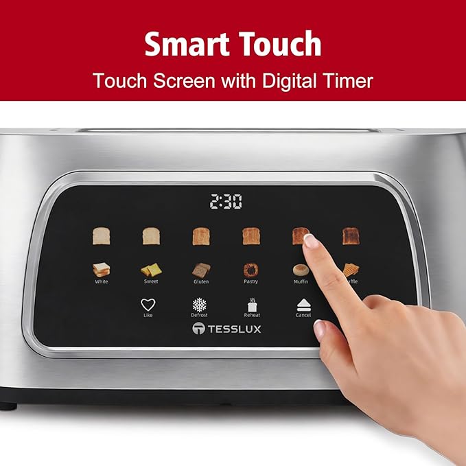 4 Slice Toaster with Touch Screen Control, 1.5" Wide Long Slots, 6 Browning Levels & 6 Bread Types, Digital Timer, Memory, Defrost, Reheat (SILVERY)