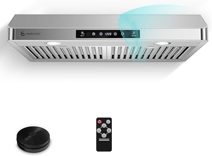 AMZCHEF Under Cabinet Range Hood 30 Inch, 750CFM Stainless Steel Kitchen Stove Vent Hood 3 Speed Exhaust Fan Touch/Remote/Gesture Control LED lights Time Setting Dishwasher-Safe Baffle Filters