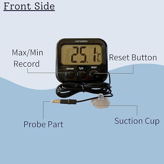 Digital Thermometer with External Sensor, Magnet, Suction Cup, Water Thermometer, Aquarium, Refrigerator, Freezer (Black)