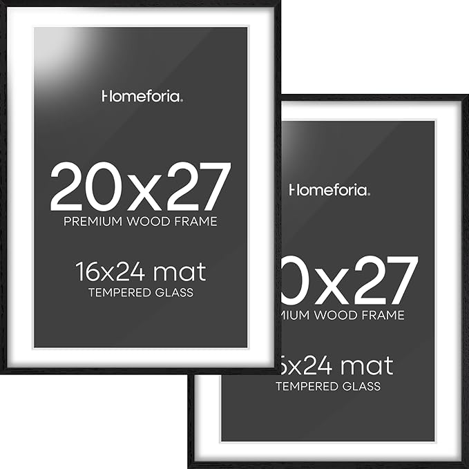 Homeforia 20x27 Picture Frame Black Wood, High End Oak 20x27 Poster Frames with Mat 16x24 Photo, 20 x 27 Wooden Frame Matted to 16 by 24 Print, 27x20 Hanging Frames, Tempered Glass, Wall Kit, Set of 2