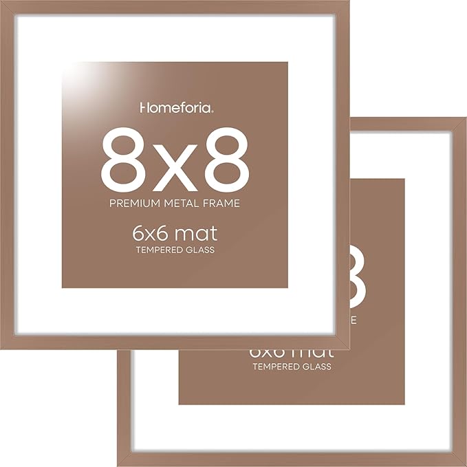 Homeforia 8x8 Mocha Picture Frame, High End Metal 8 x 8 Square Photo Frames with Mat 6 by 6, 8x8 Poster Frame Matted to 6x6 inch Print, 8by8 Wall or Tabletop Frames, Tempered Glass, Wall Kit, Set of 2