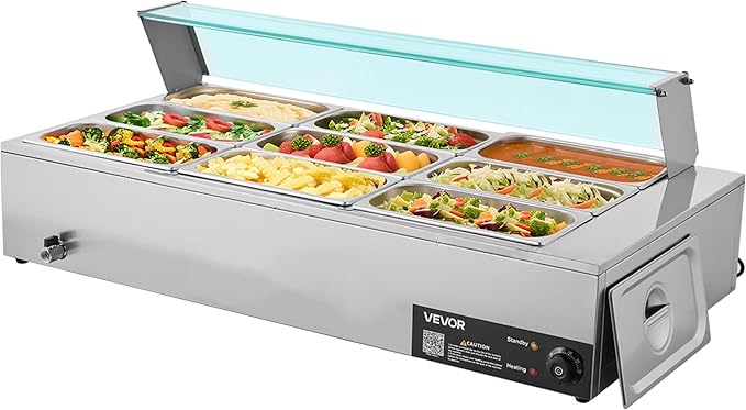 VEVOR Commercial Food Warmer, 1500W Electric Stainless Steel Steam Food Warmer with Glass Cover, 9-Pan Countertop Buffet Bain Marie with Soup & Perforated Ladles, for Catering, Restaurant & Party