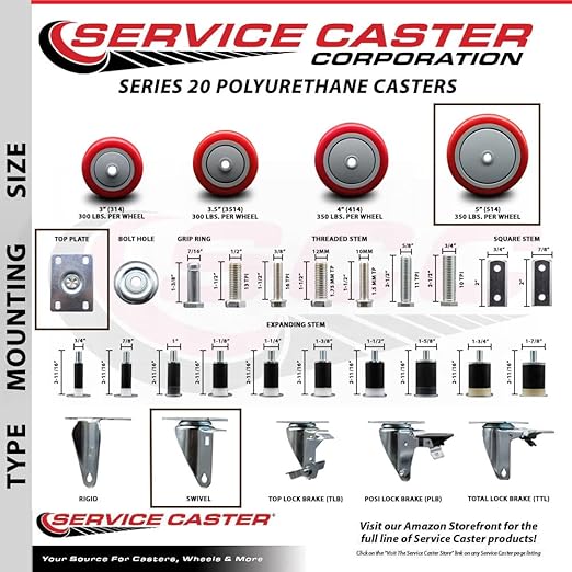 Service Caster Brand Replacement Caster for Uline Caster H-7449S - Stainless Steel Swivel Top Plate Caster with 5 Inch Red Polyurethane Wheel - Fits Carts and Platform Trucks H-6348