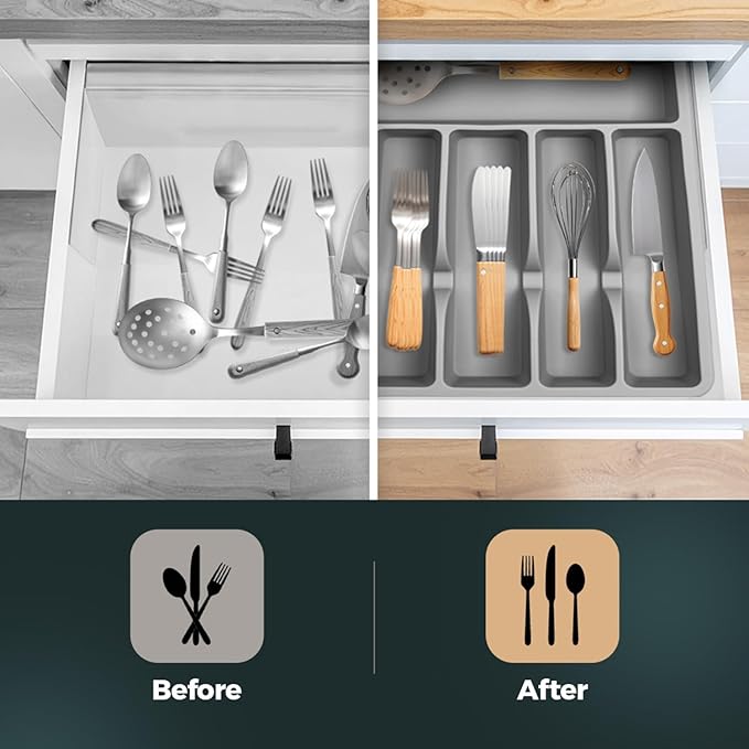 Silicone Silverware Drawer Organizer – Non-Slip Utensil Holder for Kitchen Drawers | Cutlery Tray for Forks, Knives, Spoons & More | Durable, BPA-Free, Easy to Clean – Gray