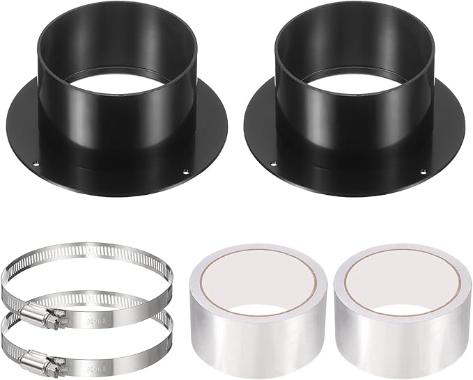 PATIKIL 4 Inch Duct Connector Flange, 2 Pack ABS Plastic Straight Pipe Flange Dryer Vent Connector with Clamp for Air Heating Cooling Ventilation HVAC System, Black